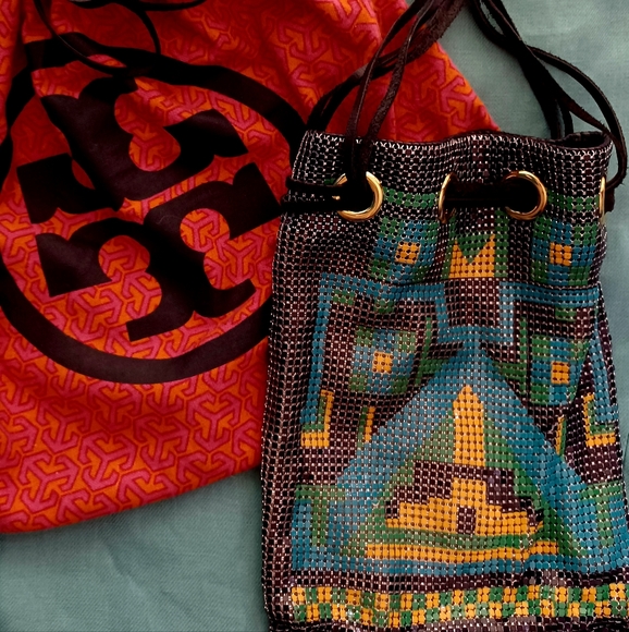 Tory Burch Handbags - RARE TORY BURCH METAL DRAWSTRING SHOULDER BAG